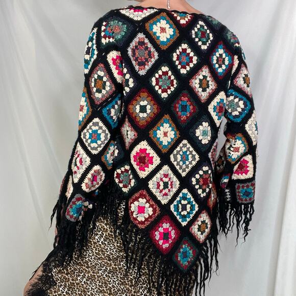 Sue Wong knit studio granny square crochet sweater fringe vintage Y2K wool L - Picture 12 of 14